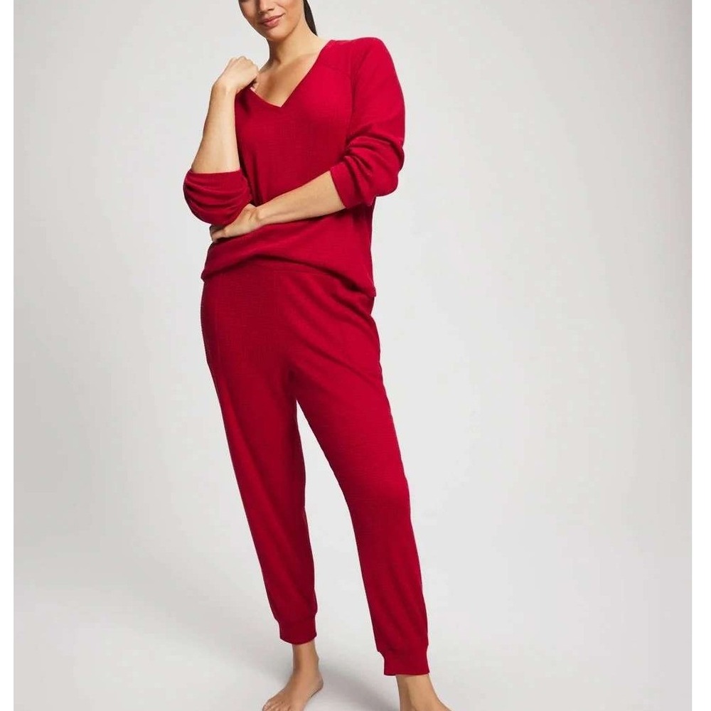 Soma Intimates Red Cozy Waffle Pajama Lounge Set V-Neck Joggers XL